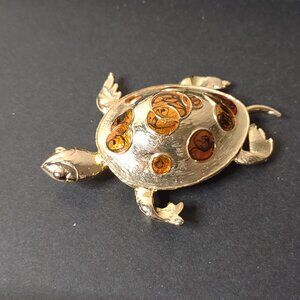 Large Gold Tone And Orange Sea Turtle Brooch